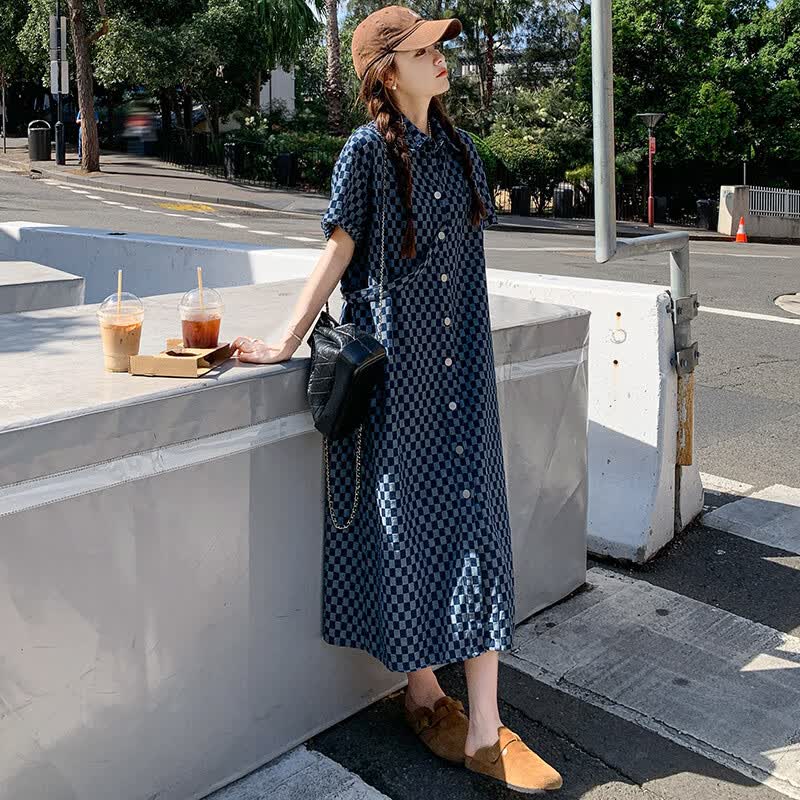 西婵悦轻奢法式复古格子连衣裙女夏新款小个子宽松休闲气质长裙 蓝色