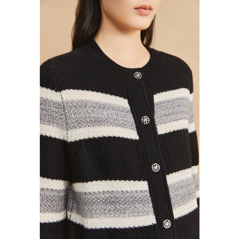 YINER音儿专选冬季女装海马毛羊毛混纺撞色条纹针织衫 黑色 M 38