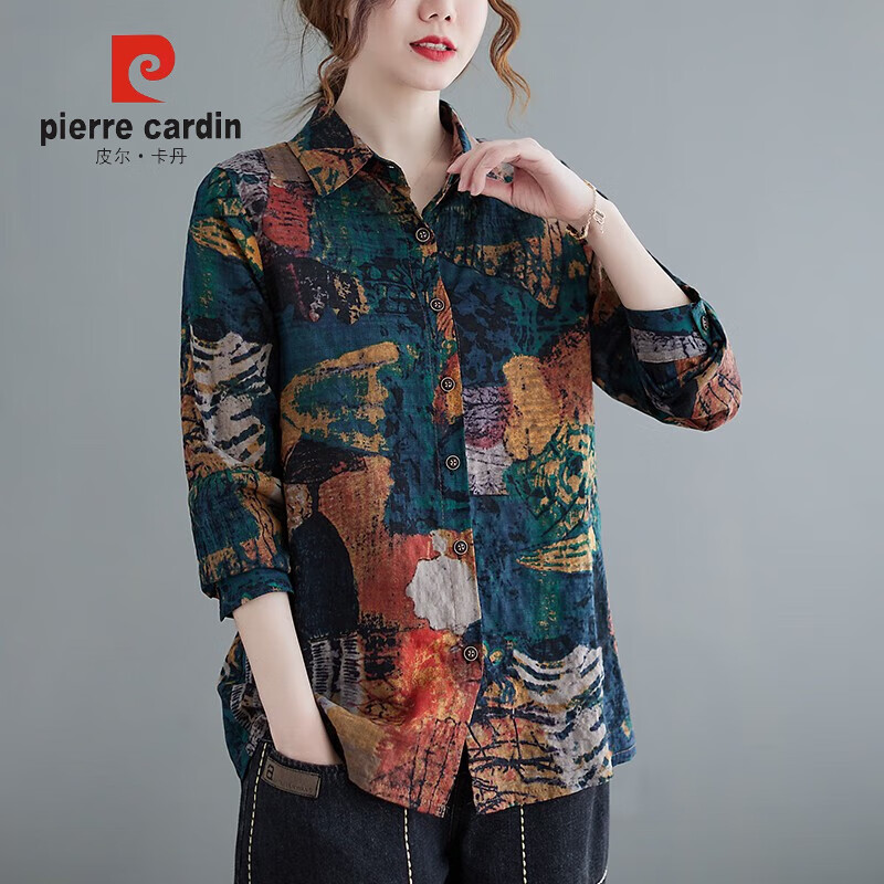 皮尔卡丹品牌女装出口尾单大牌剪标复古印花棉麻衬衫长袖上衣 花色 m