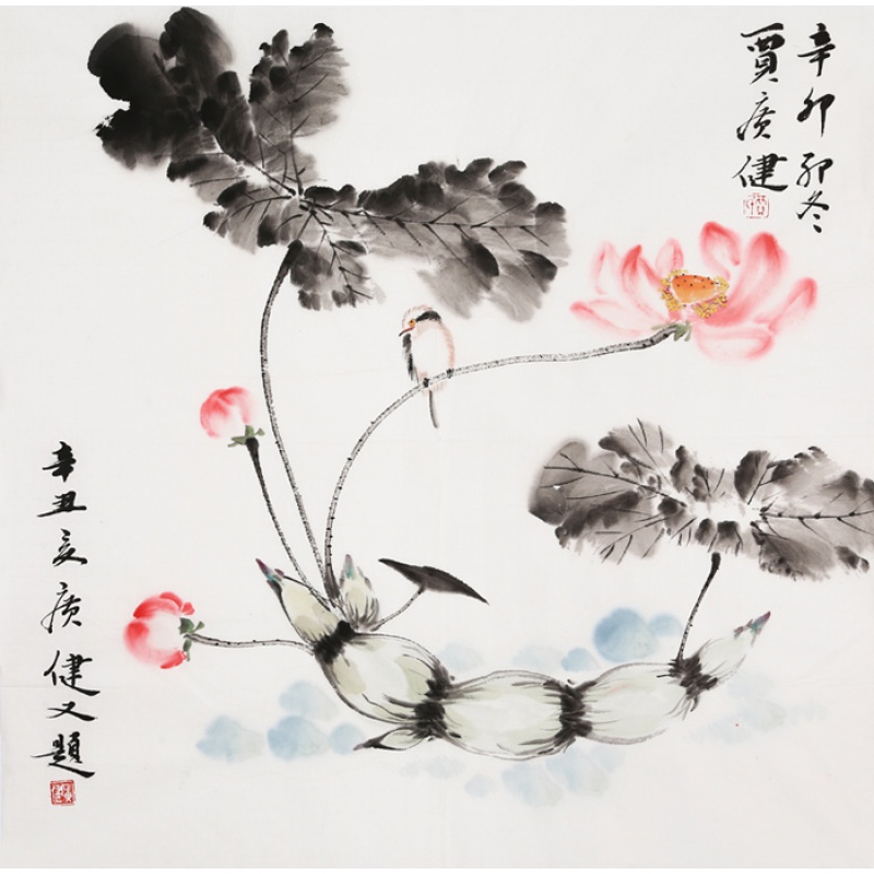 名家贾广健花鸟字画精品四尺斗方国画荷花纯手绘书画名人作品收藏纯