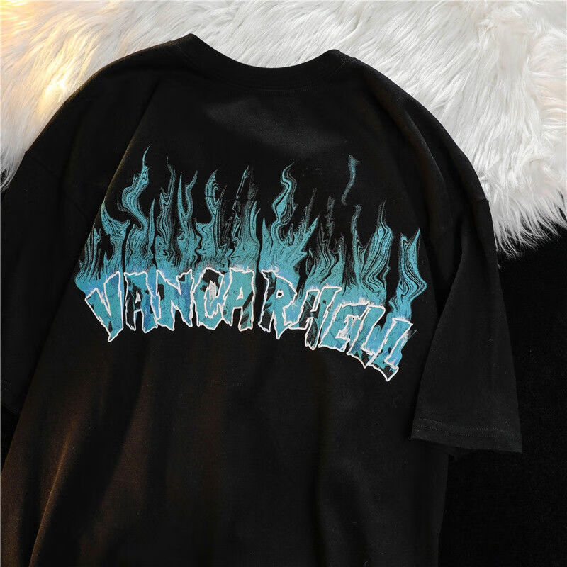 复古火焰印花短袖t恤男夏季宽松休闲百搭半袖体恤 蓝火焰vancarhell