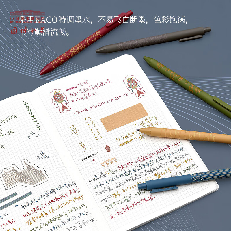 中国国家博物馆KACO彩色签字笔学生文具5支装0.5mm中性笔按动办公圆珠笔套装文创创意礼品生日礼物 琉璃华夏彩色笔5支装