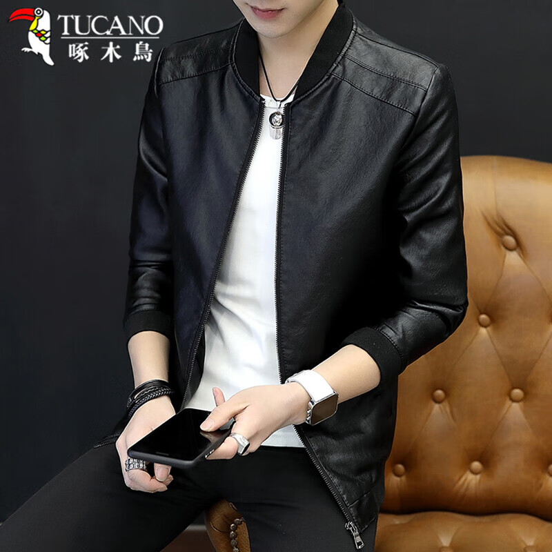 啄木鸟（TUCANO）夹克男外套秋冬季棒球领pu皮衣修身韩版休闲潮流时尚百搭男士上衣服 黑色 XL 