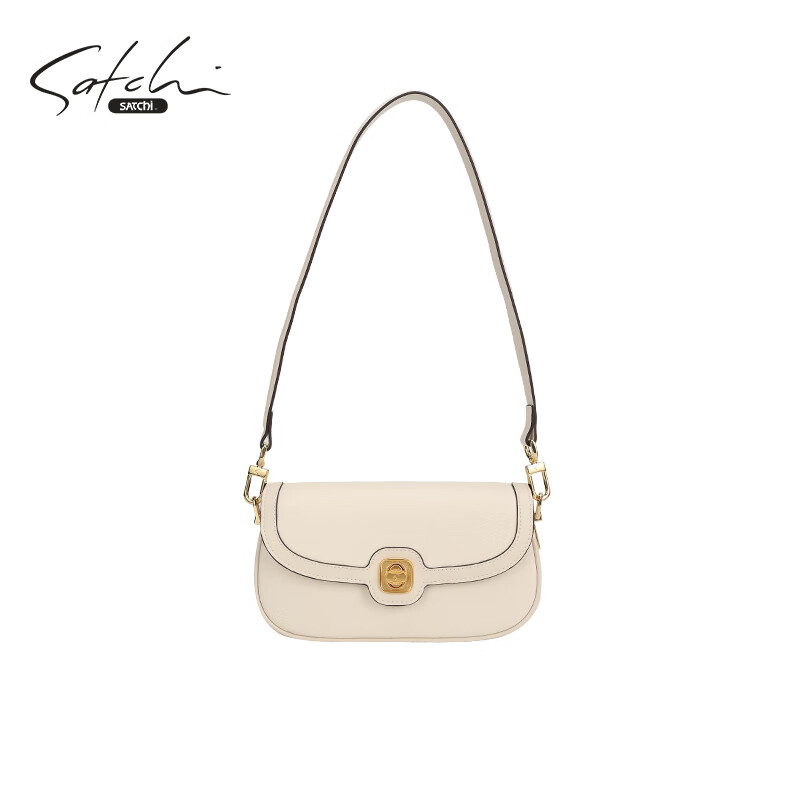 satchi沙驰女包时尚牛皮法棍包腋下单肩包高级质感晚宴包斜挎包 白色