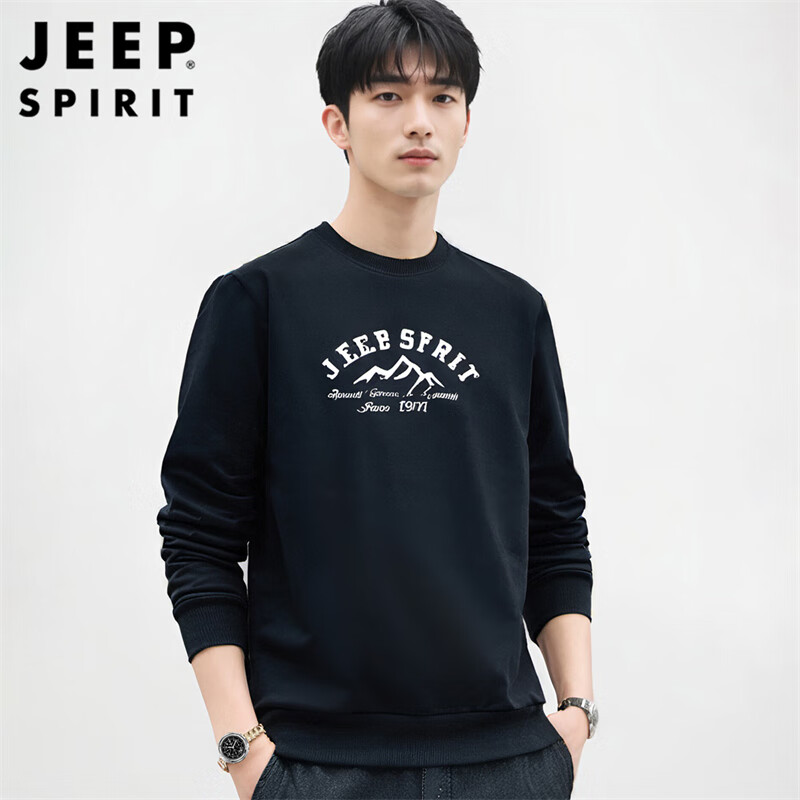 JEEP SPIRIT吉普卫衣男春秋季圆领上衣男士印花打底衫宽松长袖T恤 黑色 M 