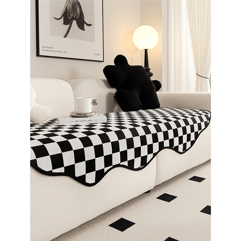 梦然纺黑白经典棋盘格异形不规则雪尼尔防滑透气复古感垫子新款2023