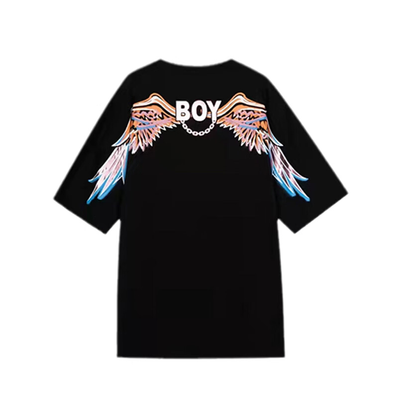 boy短袖t恤女潮牌彩标翅膀黑色白色中性男夏季上衣服 黑色(彩标翅膀