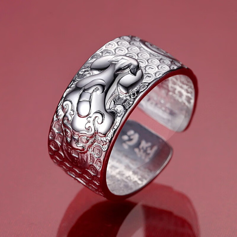 雅鸽999足银开口貔貅 霸气 经典男士戒指 单身食指潮心 复古版