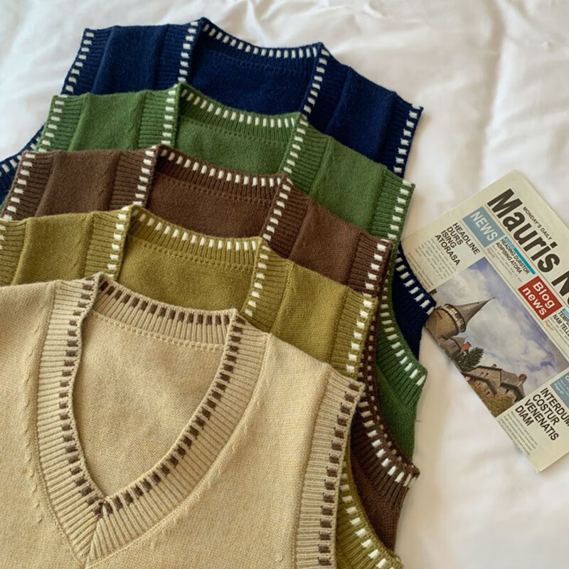 翊尚美针织马甲女春秋可外穿短款V领背心上衣新款宽松内搭坎肩 杏色 均码 【推荐80-140斤】