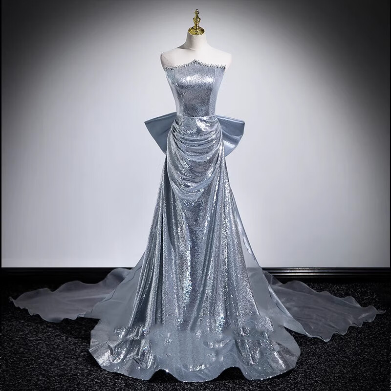 奥若文18岁成人礼礼服抹胸女裙子高级 银色晚裙2024感学生艺考新娘