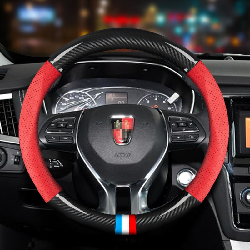 达珀德 方向盘套汽车真皮把套四季通用防滑专用碳纤牛皮免手缝 适用于 荣威RX5 RX3 荣威MAX RX8 i6 i5 圆型真皮碳纤【黑色款+运动标】