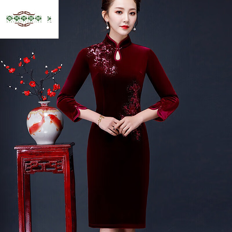 旗袍中国风秋冬款高端金丝绒婚宴妈妈装酒红色复古旗袍喜婆婆结婚高贵礼服裙秋冬款 69168酒红色 2XL高性价比高么?