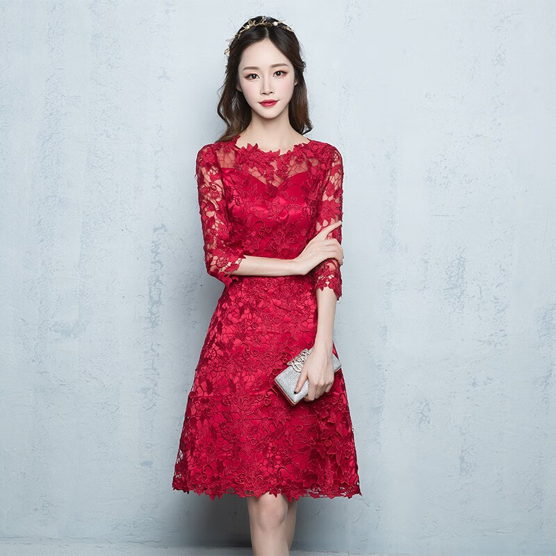 塞德勒新娘敬酒服红色蕾丝显瘦短款款结婚晚礼服裙女小个子平时可穿 酒红色 M怎么看?