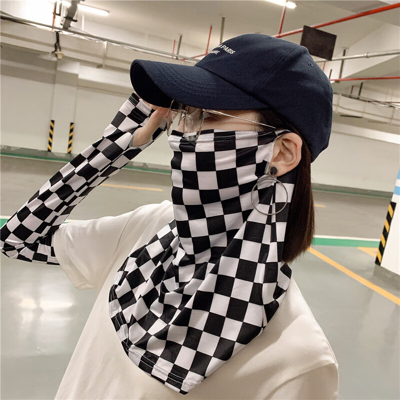 轻薄透气防晒面纱冰丝透气护脖子口罩女夏季挂耳薄款 黑白格套装