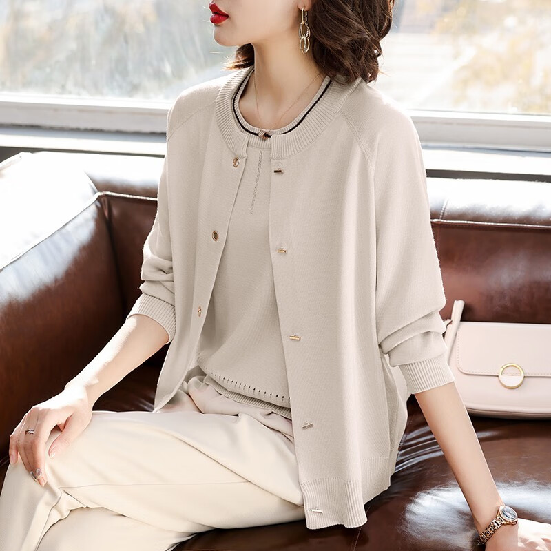 雷黛茜妈妈秋装针织外套洋气40岁2024新款中老年女装长袖上衣两件套装 米白上衣-两件套 M 85-100斤