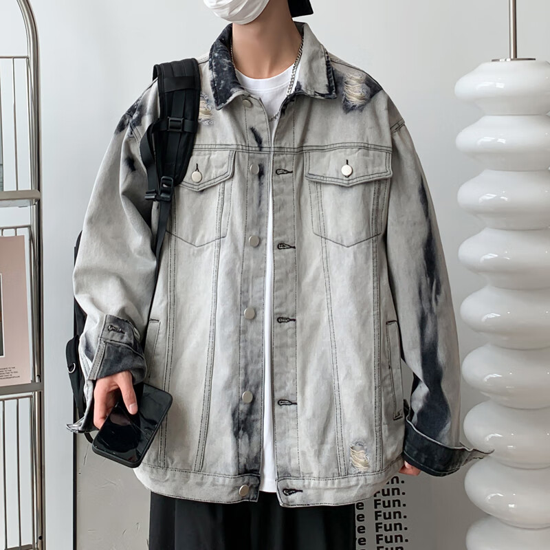 米轩大学生高中生秋天衣服男欧美风扎染破洞水洗牛仔外套男士痞帅做旧