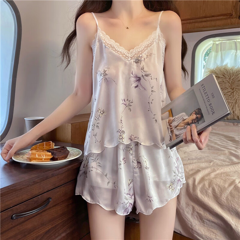 法式甜美风纯欲风吊带睡衣女夏季蕾丝v领印花家居服两件套 白色 均码