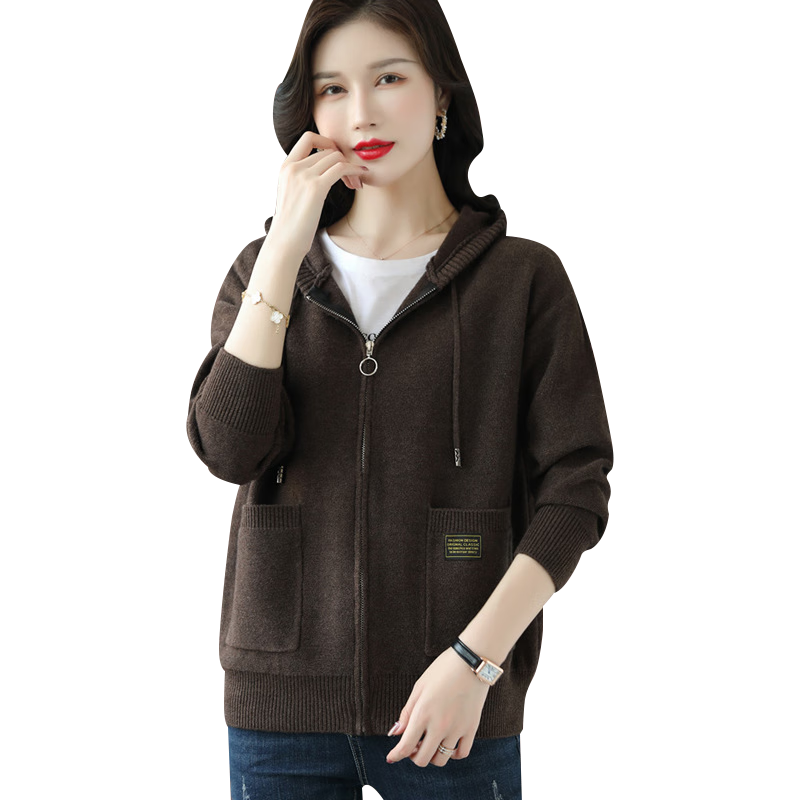 紅蜻蜓連帽毛衣短外套女春秋裝新款時尚外搭保暖寬松帶帽針織開衫 咖啡色長袖 均碼