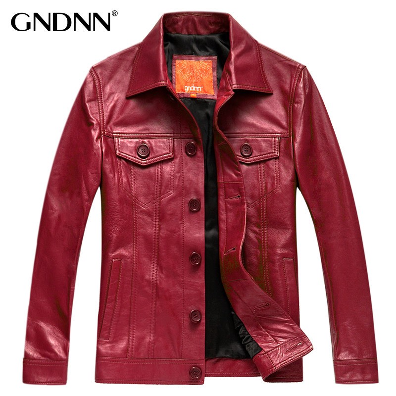 gndnn加肥加大码头层绵羊皮翻领真皮夹克外套真皮皮衣男胖子红色时尚