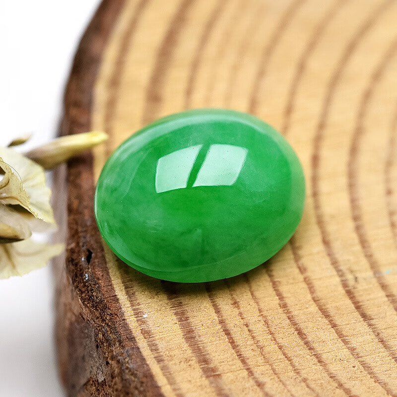 缅甸翡翠石英岩玉阳绿蛋面 冰糯种满绿裸石戒面天然玉石玉石戒指镶嵌