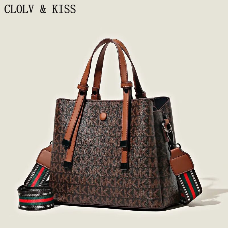 clolv kissPU皮质感女包包2024新款潮时尚印花手提包大容量托特包单肩包 棕色