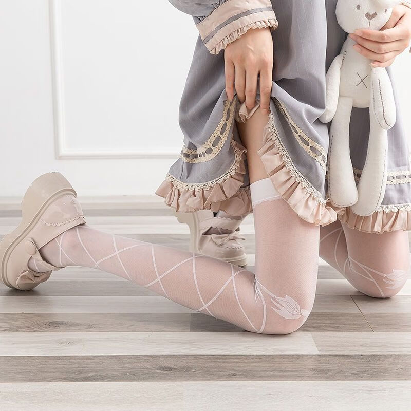 拂色生香白色长筒丝袜蕾丝过膝袜女可爱洛丽塔蝴蝶结萝莉软妹大腿美腿