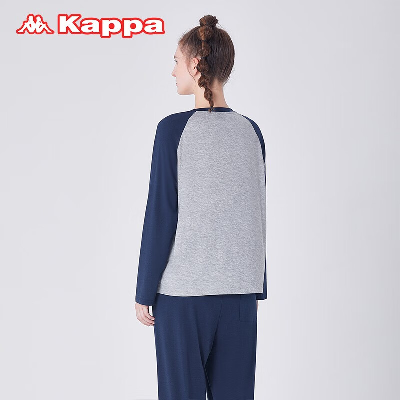 KAPPA卡帕女士睡衣女棉长袖套装时尚拼接套头大码宽松外出家居服女 蓝灰 XL 建议(120-135斤)