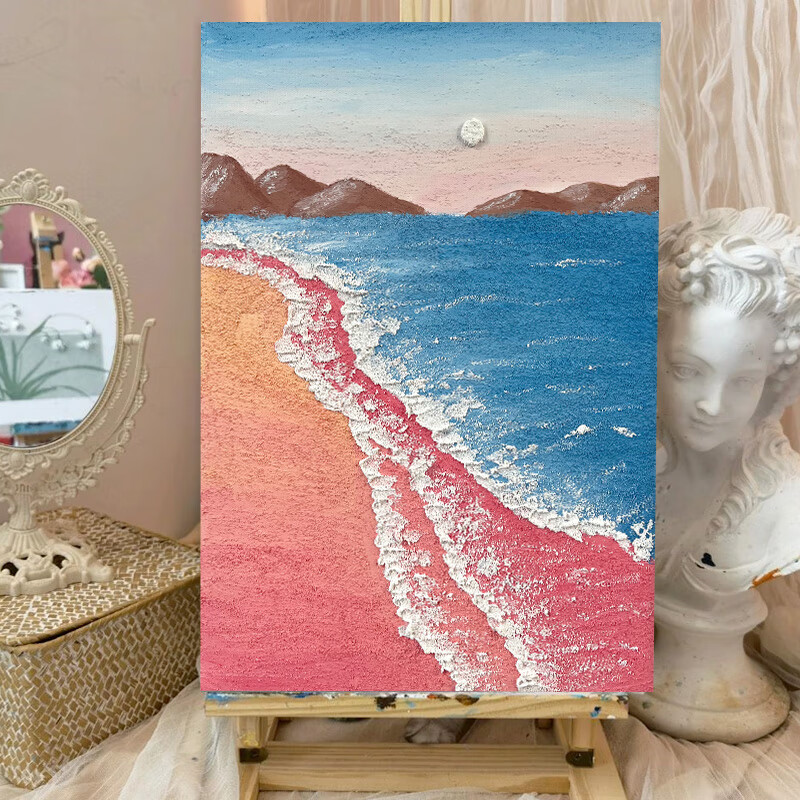 丙烯立体肌理画数字油画石英砂手工画画郁金香填充装饰画粉色沙滩