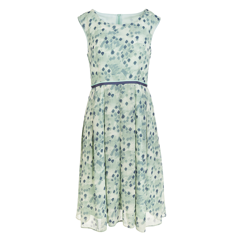 名師路雪紡印花連衣裙春夏季新品韓版時尚薄款無袖收腰A字裙 40淡綠 M