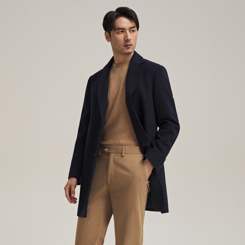 MAYOR男装 春季DRAGO毛丝混纺保暖藏青色斜纹西服领大衣 藏青色 M (170/92A)