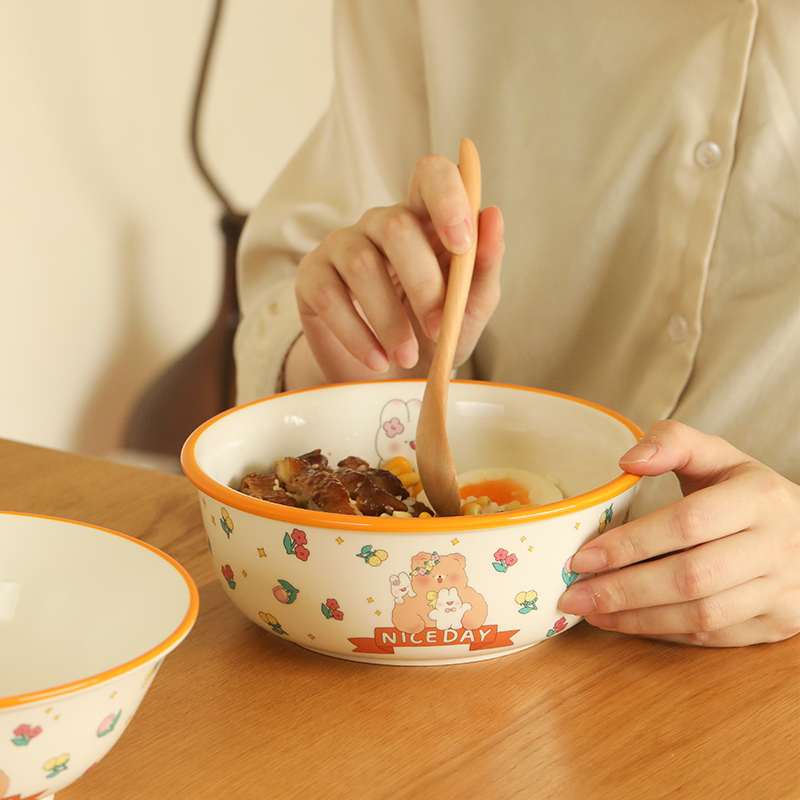 蓝莲花面条碗陶瓷碗泡面大碗面碗汤碗家用日式拉面碗吃面碗汤盆圆钵 7寸圆钵