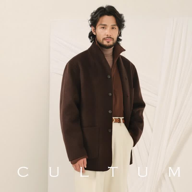 CULTUM【双面纯羊毛 男女同款】秋冬加厚850克重磅短款毛呢子大衣男外套 巧克力 2XL