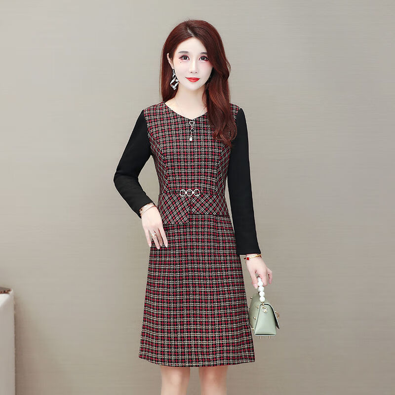 遥芷冬天穿的带绒加厚保暖中长裙女士连衣裙秋冬款妈妈装格子长袖加绒