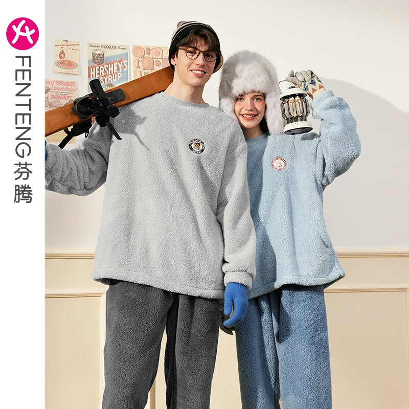 芬腾【羊羔绒】情侣睡衣女秋冬新款加厚珊瑚绒加大码家居服男套头套装 玛瑙灰【单男款】 2XL 建议:女145-160,男165-185斤