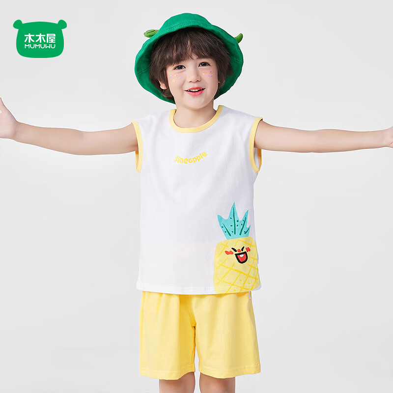 木木屋儿童夏季休闲运动背心套装新款男女童套头式纯棉运动背心吸湿透气 白/黄 小菠萝 80