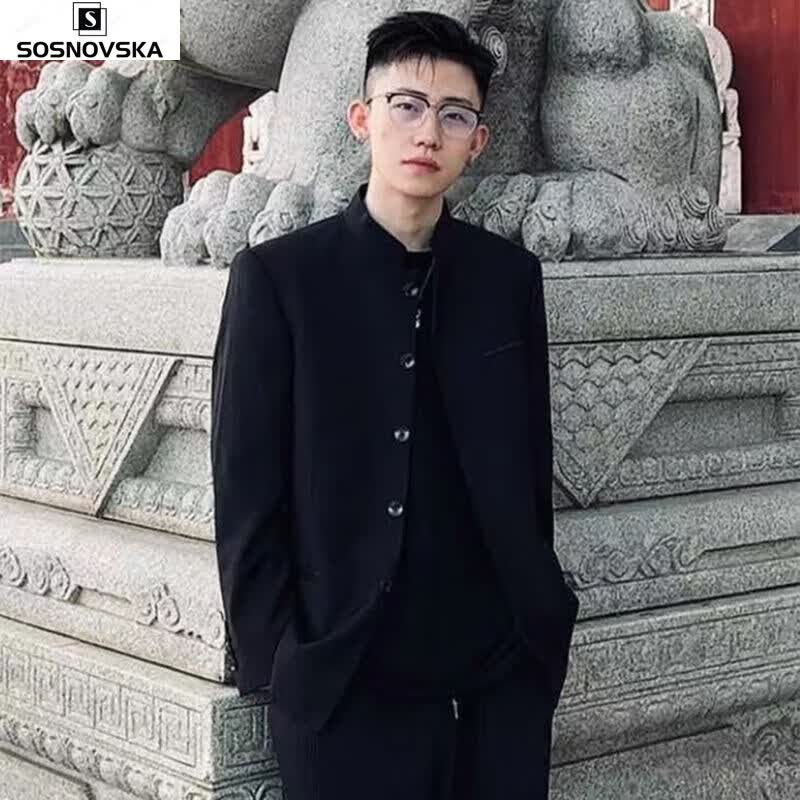 Sosnovska黑色中山装男青年套装韩版修身中国风唐装网红立领学生中山装西服 黑色上衣和裤子 L 115-130斤使用感如何?