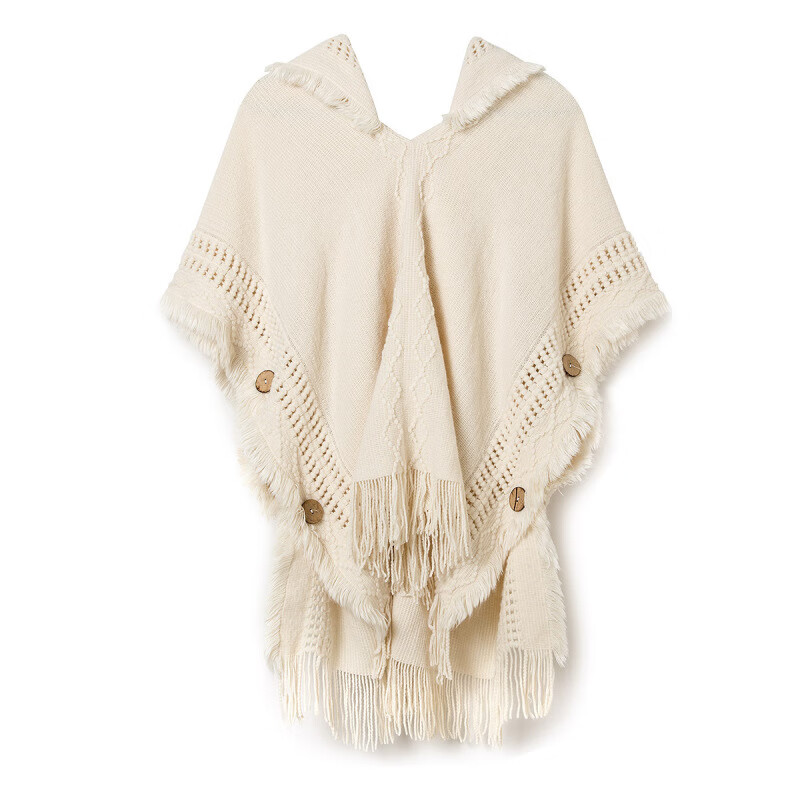 apygqv甸想發發秋冬女装镂空流苏针织衫套头纽扣蝙蝠衫连帽斗篷披肩