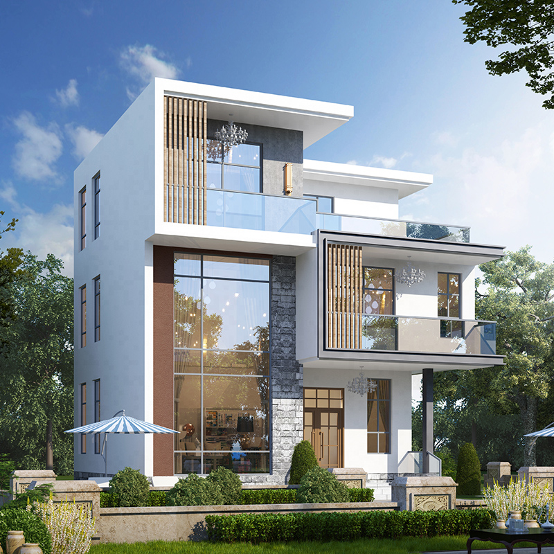 匠墅居现代别墅设计图纸三层复式挑空带超大露台全套效果施工图纸农村