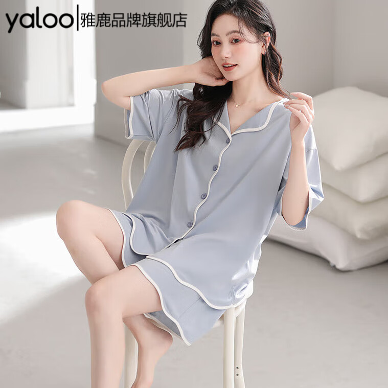 雅鹿莫代尔睡衣女夏季薄款短袖宽松简约可外穿夏天冰丝两件套装家居服 NSWR-34237浅蓝 L 体重100-120)