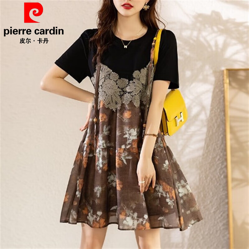 皮尔卡丹(pierre cardin)官方品牌旗舰女装假两件蕾丝拼接连衣裙短袖