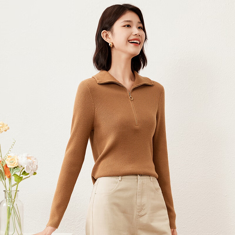 恒源祥弹力修身羊毛衫女冬季新款拉链翻领套头毛衣休闲纯色内搭针织衫女 中星驼 M /165/88A