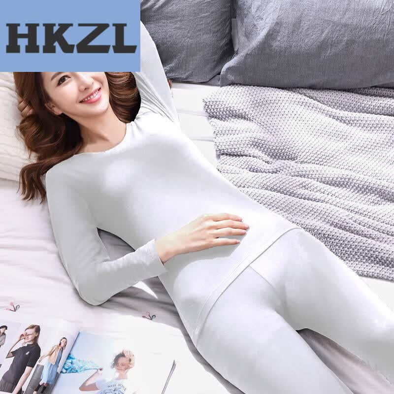 hkzl秋冬季女士薄款保暖内衣套装莫代尔圆领保暖打底透气 白色 模特码