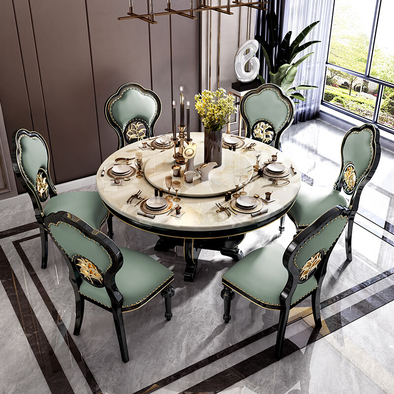 博拉帝（BOLADI）美式实木餐桌椅组合欧式大理石1.3米轻奢餐台椅子圆形带 1.3米石面餐桌