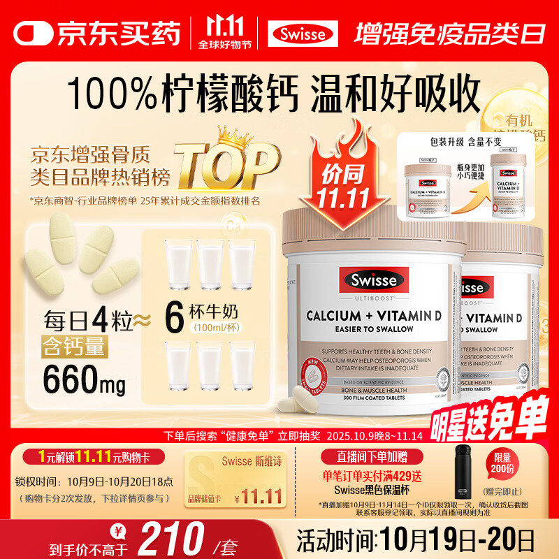 Swisse斯维诗钙+维生素D迷你钙片中老年成人孕妇补钙 柠檬酸钙300片*2瓶