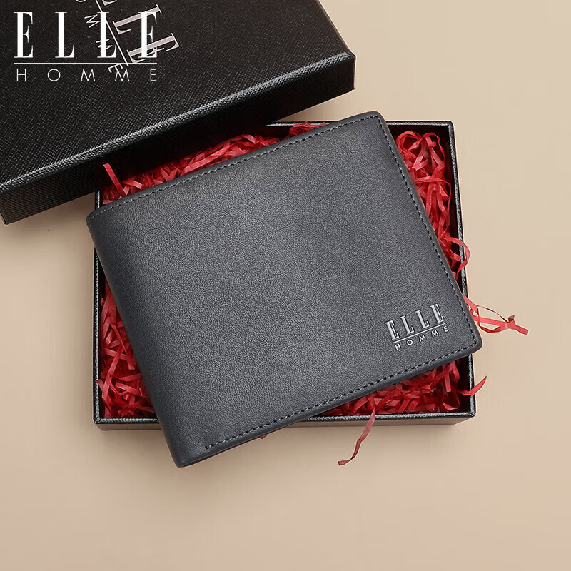 elle homme男士短款钱包 头层牛皮多功能票夹 时尚横款两折钱夹礼盒装