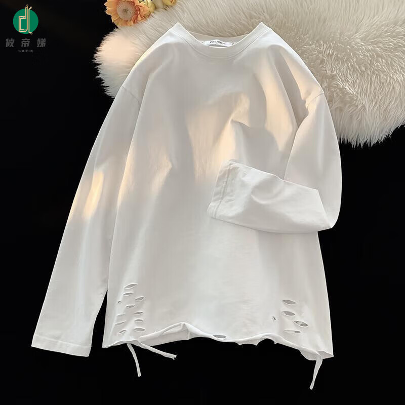 攸帝娣设计感破洞纯色长袖t恤舒适男秋季宽松无性别打底上衣 白色 m