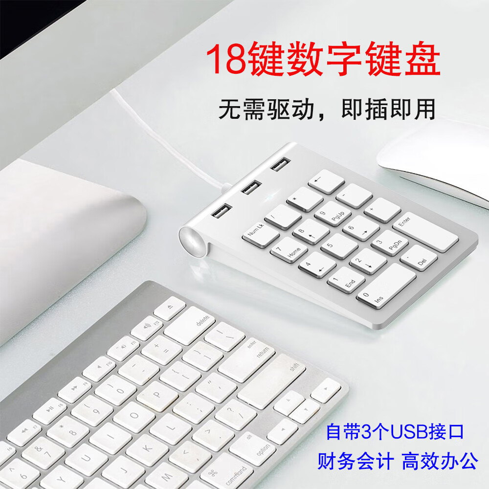 AJIUYU 有線鍵盤(pán)外接HUB數(shù)字鍵盤(pán)適用聯(lián)想小新16/15/14筆記本財(cái)務(wù)辦公迷你便捷鍵盤(pán)18鍵緊湊型數(shù)字鍵盤(pán) 銀鋁白【USB/Type-c有線數(shù)字鍵盤(pán)】