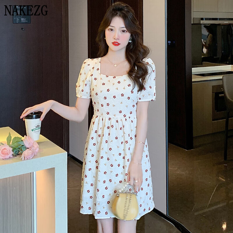 女装远野弥生温柔乖巧连衣裙女法式方领甜美碎花裙子小个子 米碎花 s