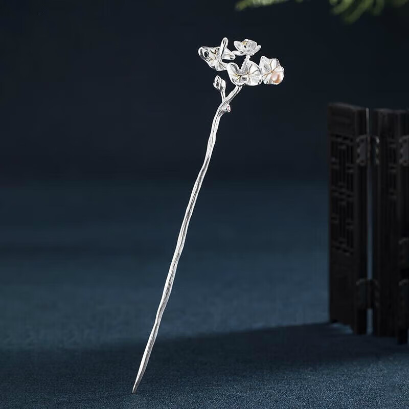 年年欢荷花银发簪汉服头饰步摇古代装丸子头明制珍珠簪子银饰品生日