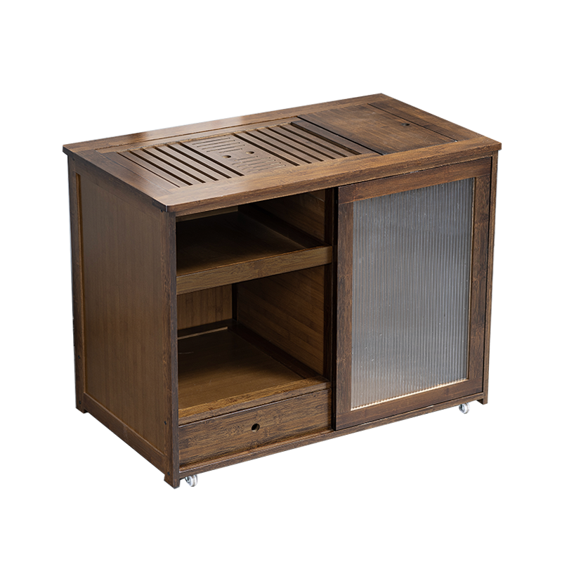 淘慕 移动茶桌茶台阳台烧水泡茶柜子茶几桌家用小茶车客厅非实木茶水柜 胡桃色70长亚克力门+杏色玻璃款电器